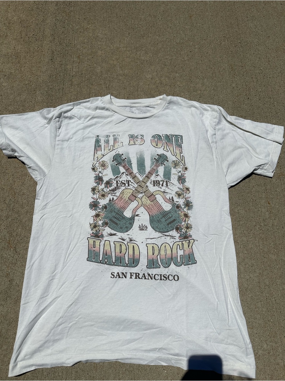 Hard Rock Cafe White Tee with Pastel Guitar Graphic